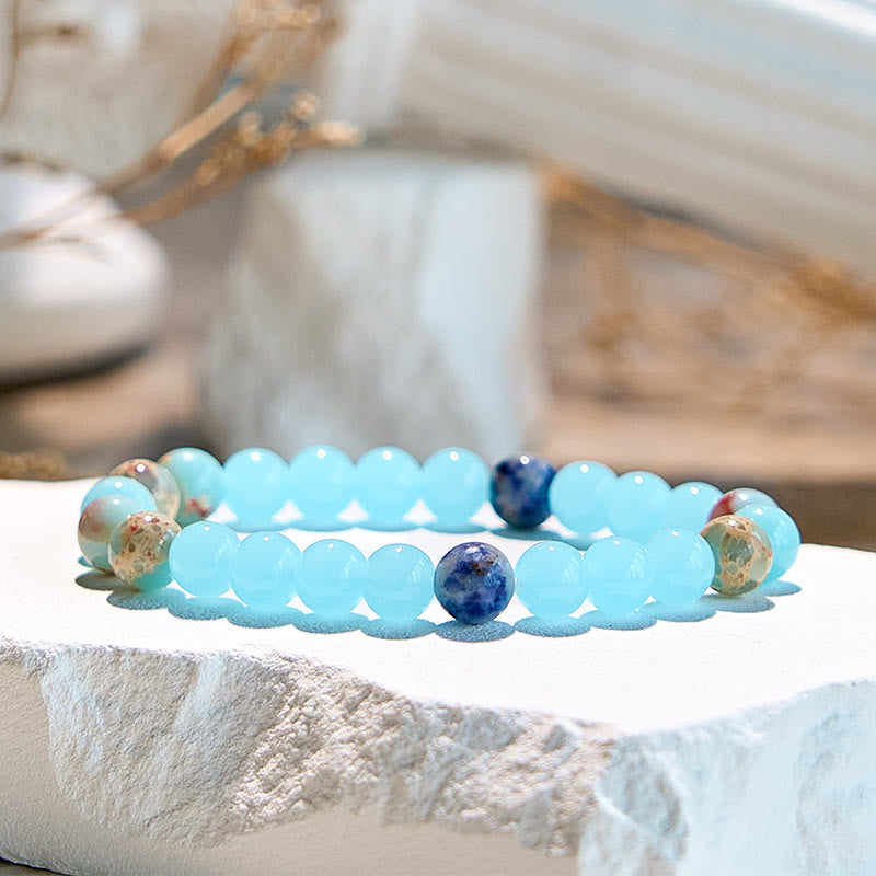 Bracelet de perles d'aigue-marine en agalmatolite naturelle Olivenorma