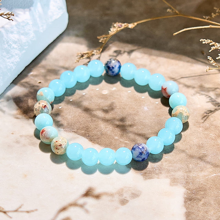 Bracelet de perles d'aigue-marine en agalmatolite naturelle Olivenorma