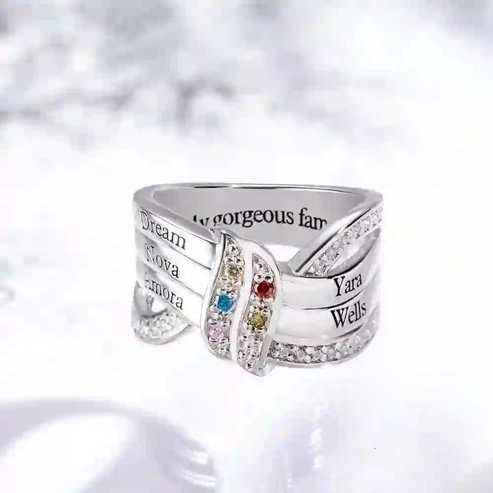 Bague noeud ruban gravée avec noms personnalisés et pierres de naissance Olivenorma