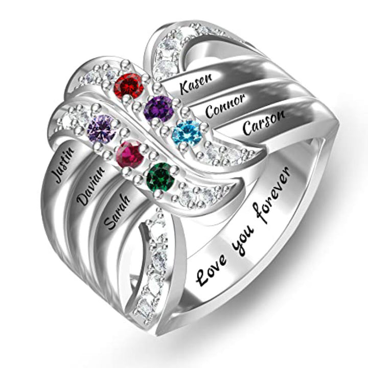 Bague noeud ruban gravée avec noms personnalisés et pierres de naissance Olivenorma
