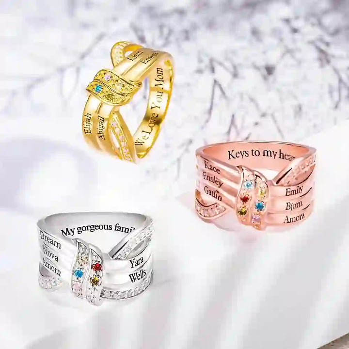 Bague noeud ruban gravée avec noms personnalisés et pierres de naissance Olivenorma