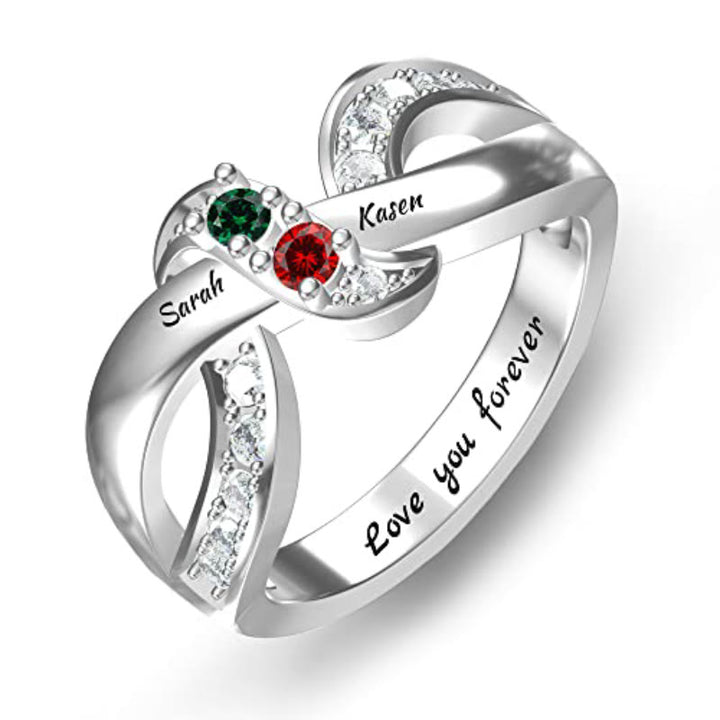 Bague noeud ruban gravée avec noms personnalisés et pierres de naissance Olivenorma