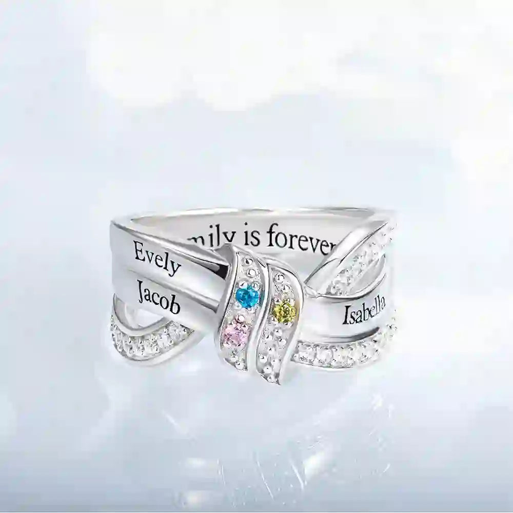Bague noeud ruban gravée avec noms personnalisés et pierres de naissance Olivenorma