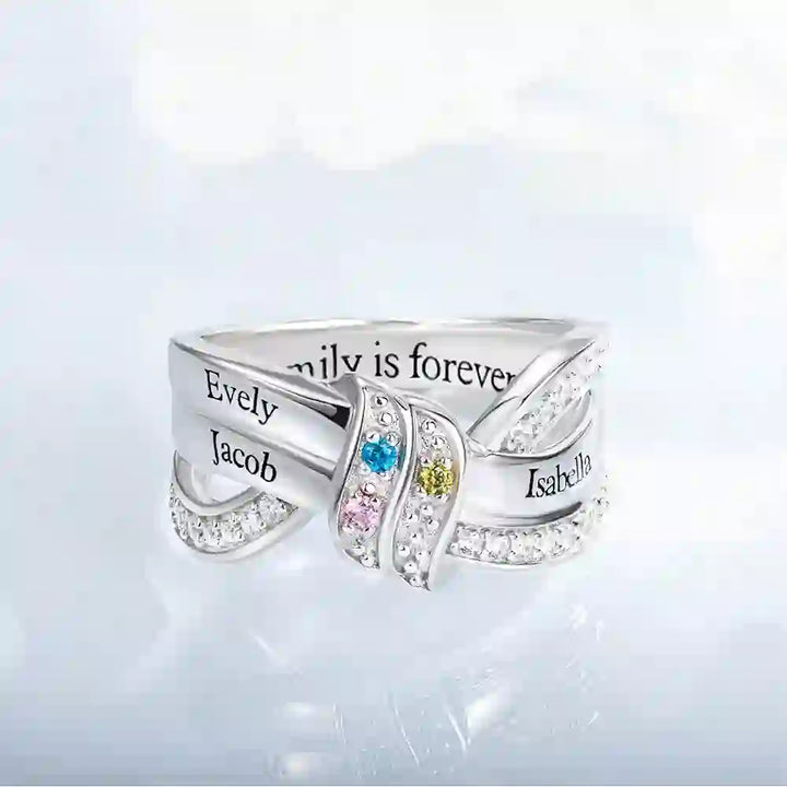 Bague noeud ruban gravée avec noms personnalisés et pierres de naissance Olivenorma