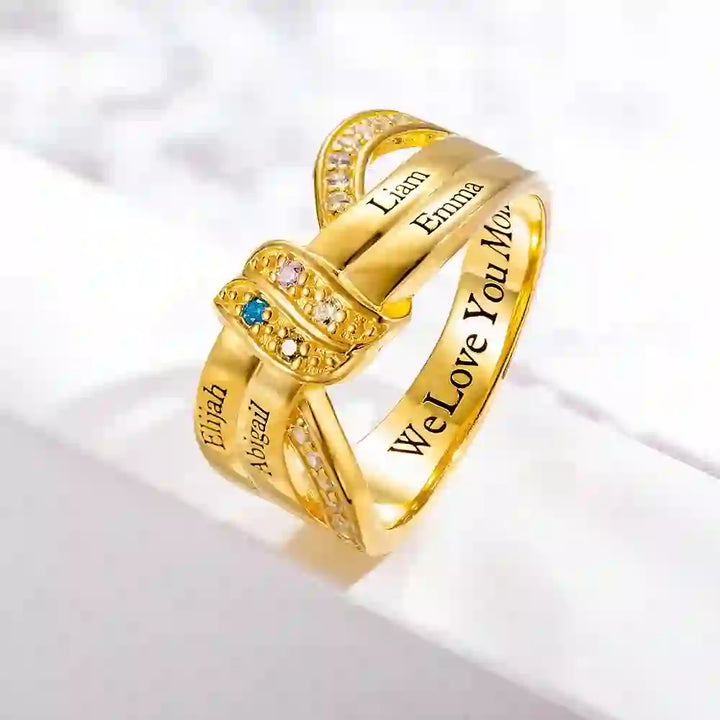 Bague noeud ruban gravée avec noms personnalisés et pierres de naissance Olivenorma