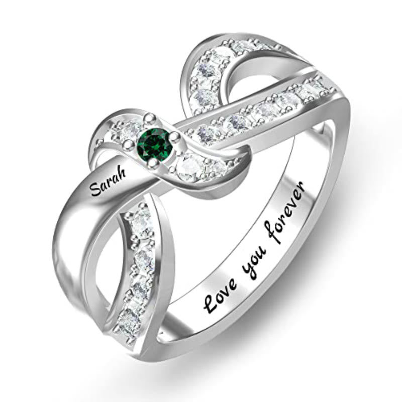 Bague noeud ruban gravée avec noms personnalisés et pierres de naissance Olivenorma