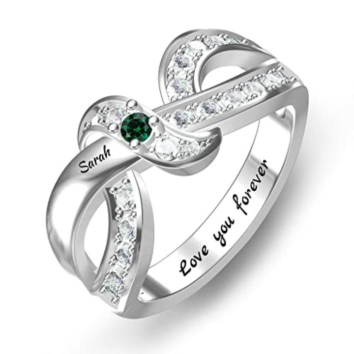 Bague noeud ruban gravée avec noms personnalisés et pierres de naissance Olivenorma