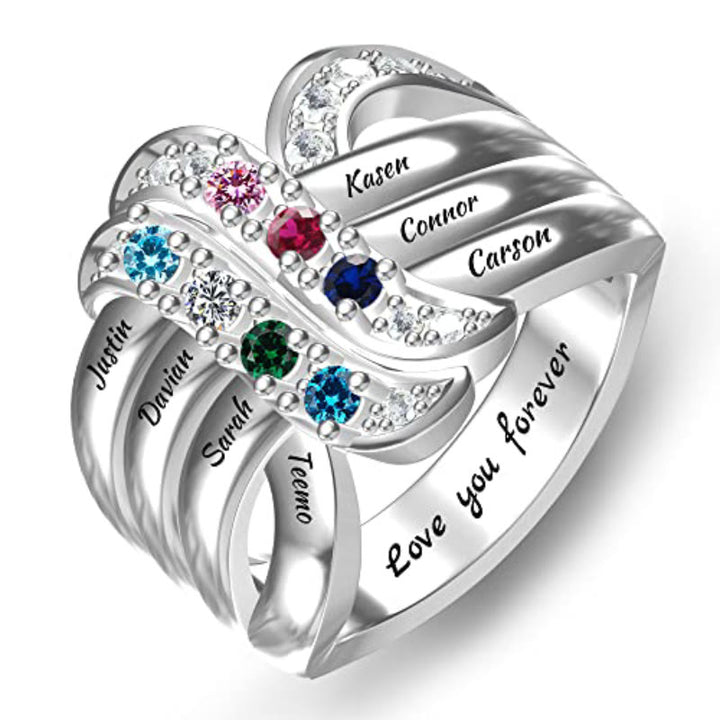 Bague noeud ruban gravée avec noms personnalisés et pierres de naissance Olivenorma