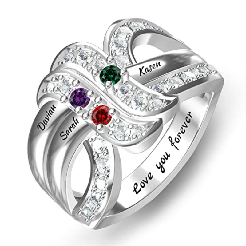 Bague noeud ruban gravée avec noms personnalisés et pierres de naissance Olivenorma