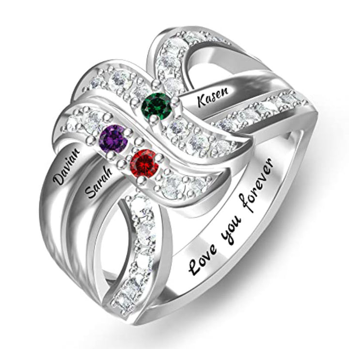Bague noeud ruban gravée avec noms personnalisés et pierres de naissance Olivenorma