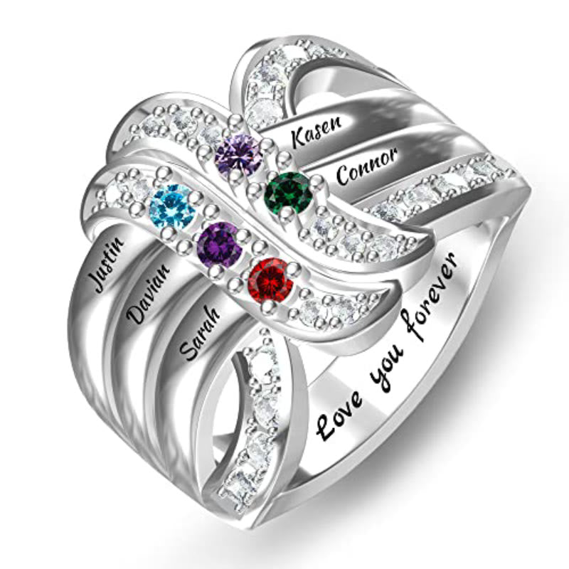 Bague noeud ruban gravée avec noms personnalisés et pierres de naissance Olivenorma