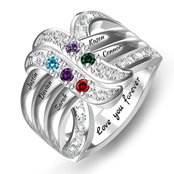 Bague noeud ruban gravée avec noms personnalisés et pierres de naissance Olivenorma
