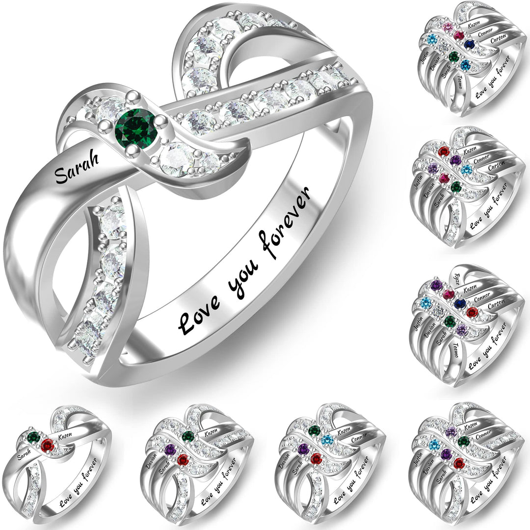 Bague noeud ruban gravée avec noms personnalisés et pierres de naissance Olivenorma