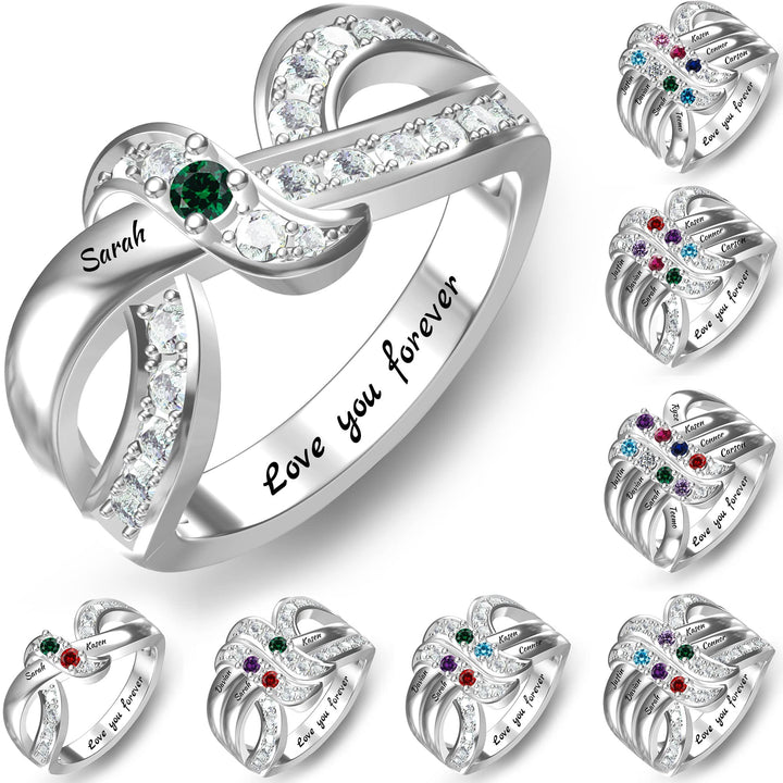 Bague noeud ruban gravée avec noms personnalisés et pierres de naissance Olivenorma