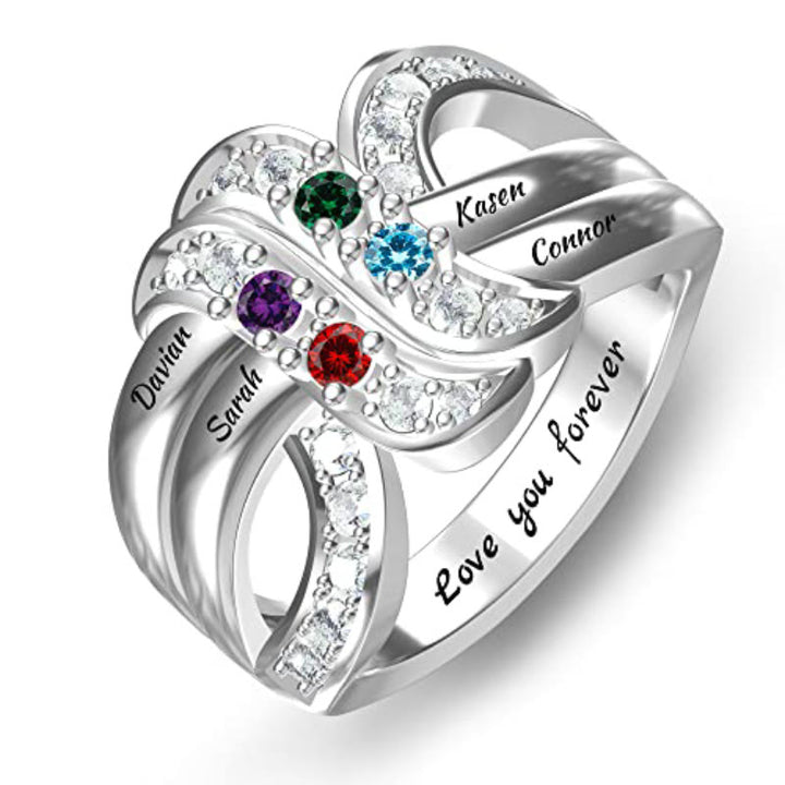 Bague noeud ruban gravée avec noms personnalisés et pierres de naissance Olivenorma