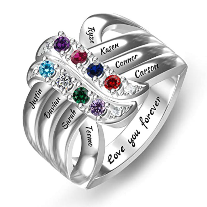 Bague noeud ruban gravée avec noms personnalisés et pierres de naissance Olivenorma