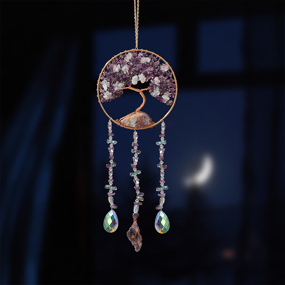 Carillon éolien en forme d'arbre de vie avec améthyste et opalite Olivenorma
