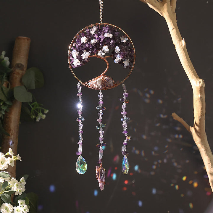 Carillon éolien en forme d'arbre de vie avec améthyste et opalite Olivenorma