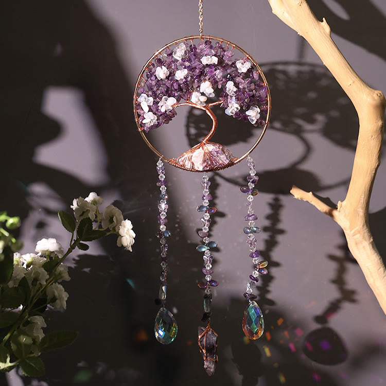 Carillon éolien en forme d'arbre de vie avec améthyste et opalite Olivenorma