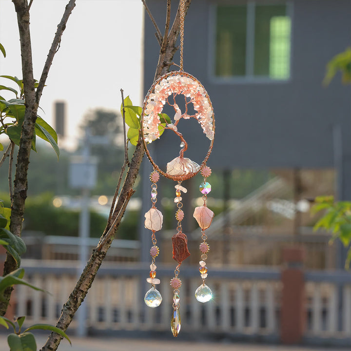 Carillon éolien en quartz fraise et opalite avec arbre de vie Olivenorma
