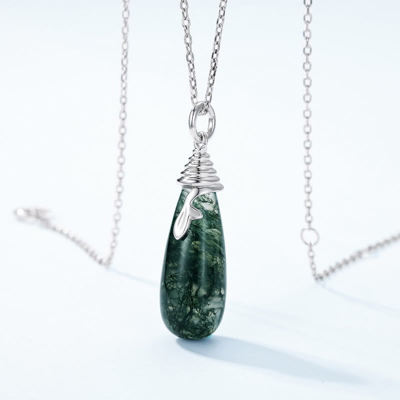 Collier avec pendentif en forme de goutte d'eau en agate mousse naturelle Olivenorma