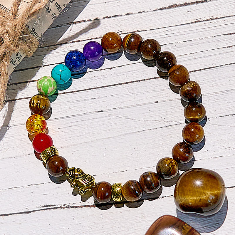 Bracelet de perles avec pendentif éléphant œil de tigre et chakra Olivenorma