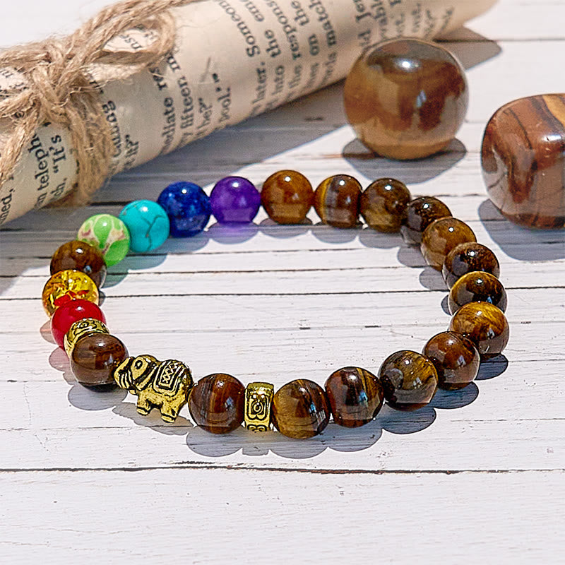 Bracelet de perles avec pendentif éléphant œil de tigre et chakra Olivenorma