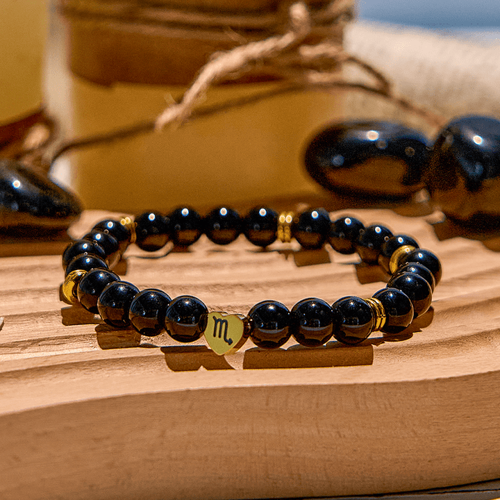 Bracelet de perles en obsidienne naturelle avec signe du zodiaque Olivenorma