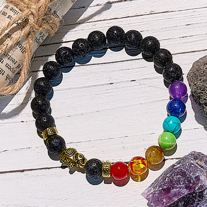 Bracelet de perles avec pendentif éléphant chakra en pierre de lave Olivenorma