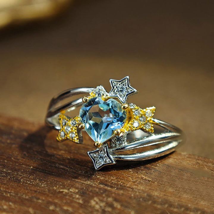 Bague étoile en forme de cœur avec topaze bleue naturelle Olivenorma