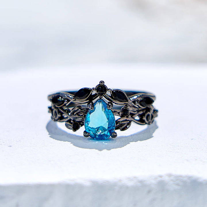 Ensemble de bagues de fiançailles en forme de feuille d'aigue-marine Lucky Stone Olivenorma