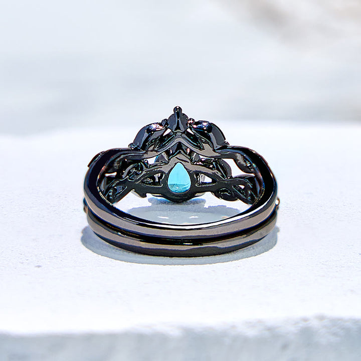 Ensemble de bagues de fiançailles en forme de feuille d'aigue-marine Lucky Stone Olivenorma