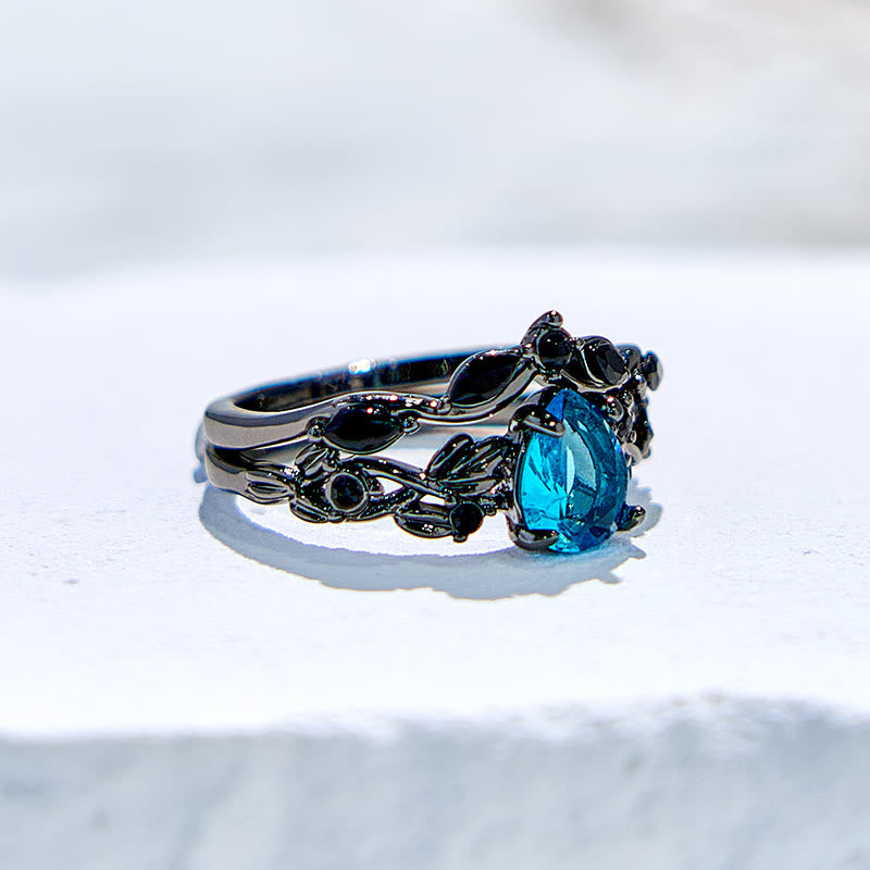 Ensemble de bagues de fiançailles en forme de feuille d'aigue-marine Lucky Stone Olivenorma