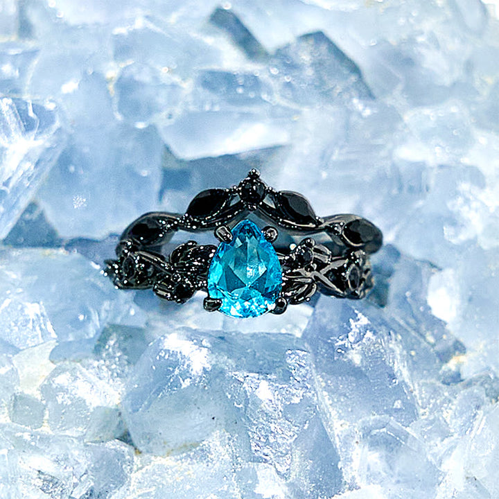 Ensemble de bagues de fiançailles en forme de feuille d'aigue-marine Lucky Stone Olivenorma