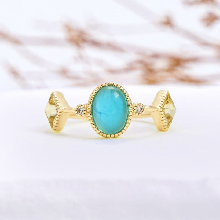 Bague vintage ovale en aigue-marine et citrine carrée Olivenorma