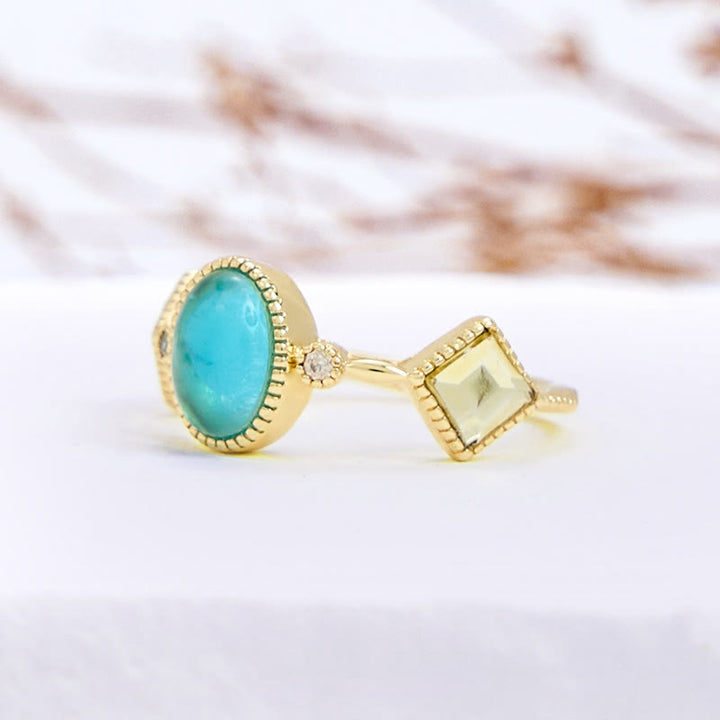 Bague vintage ovale en aigue-marine et citrine carrée Olivenorma