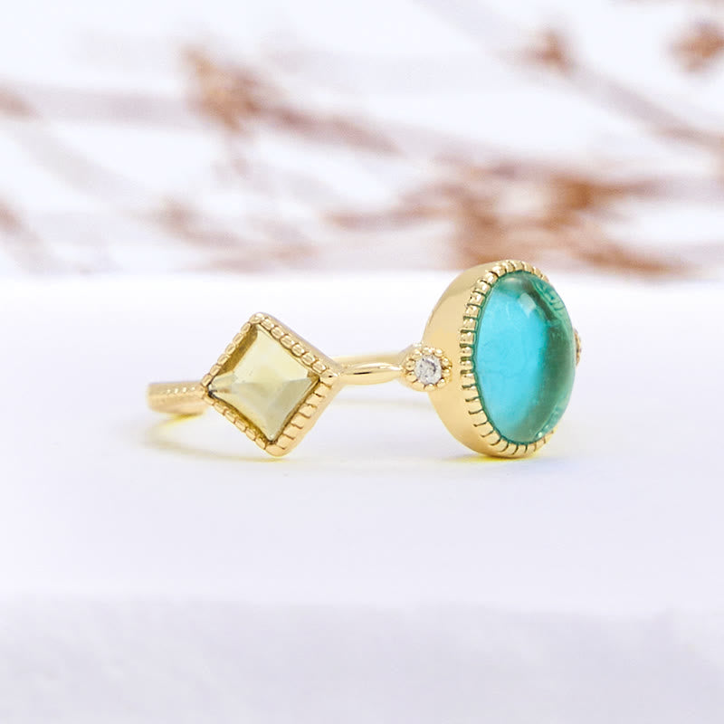 Bague vintage ovale en aigue-marine et citrine carrée Olivenorma