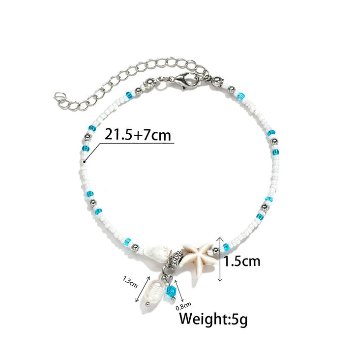 Bracelet de cheville Olivenorma en perles d'eau douce turquoise et coquillages d'étoiles de mer