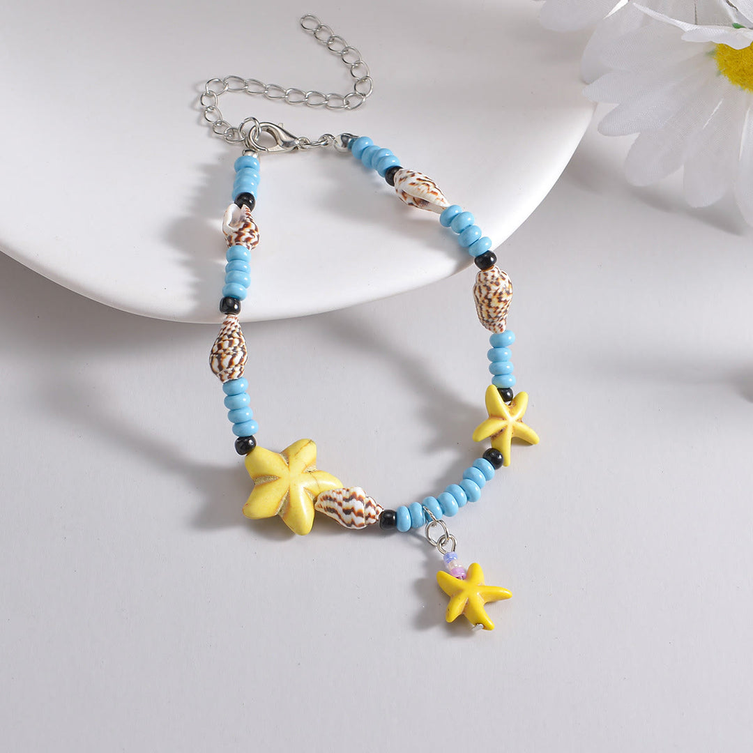 Bracelet de cheville à perles étoile de mer bleu turquoise jaune Olivenorma