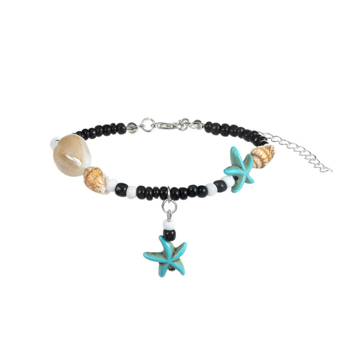 Bracelet de cheville en perles d'escargot et d'étoile de mer en onyx noir turquoise Olivenorma