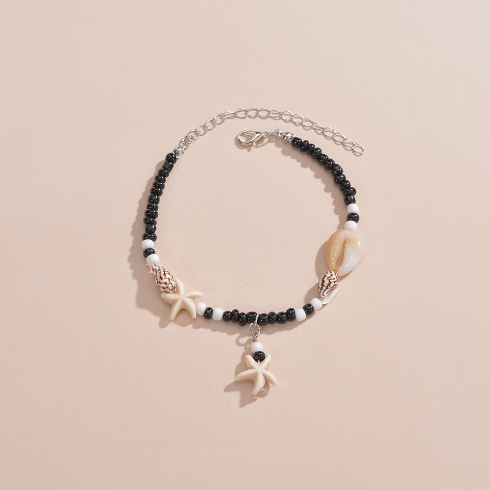 Bracelet de cheville en perles d'escargot et d'étoile de mer en onyx noir turquoise Olivenorma