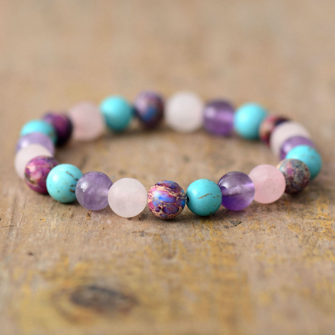 Bracelet Olivenorma en perles d'améthyste, quartz rose et turquoise