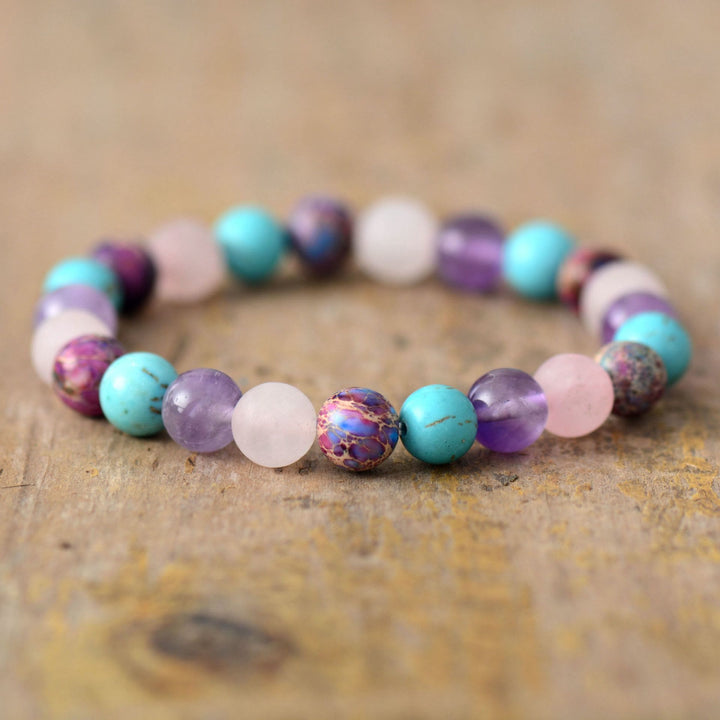 Bracelet Olivenorma en perles d'améthyste, quartz rose et turquoise