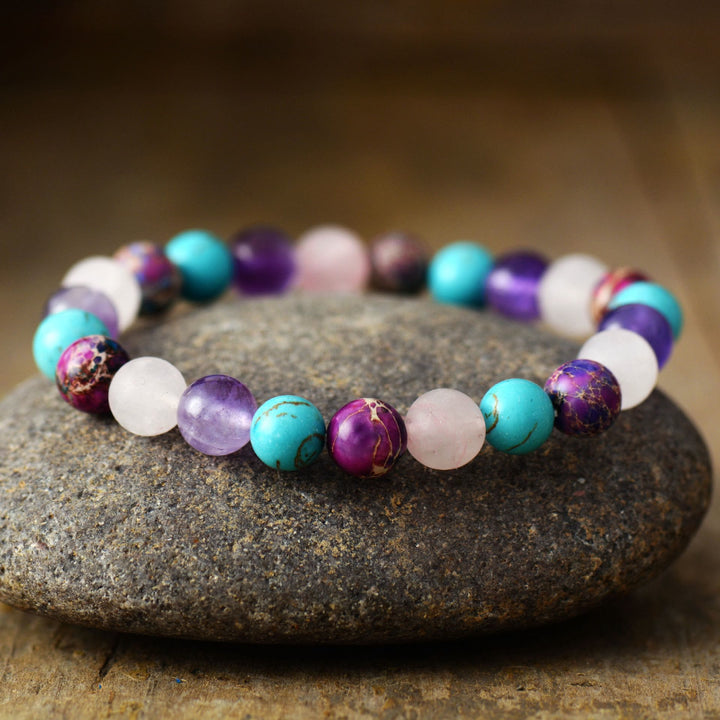 Bracelet Olivenorma en perles d'améthyste, quartz rose et turquoise