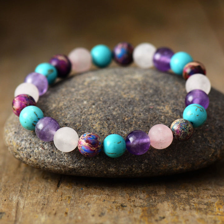 Bracelet Olivenorma en perles d'améthyste, quartz rose et turquoise