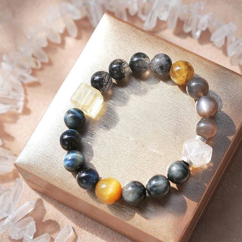 Bracelet en quartz noir rutile et quartz œil de faucon Olivenorma