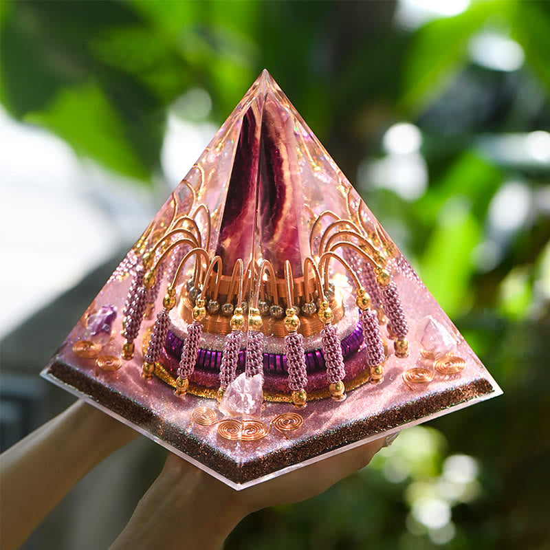 Tour d'énergie en fluorite arc-en-ciel Olivenorma Pyramide d'orgone en lépidolite