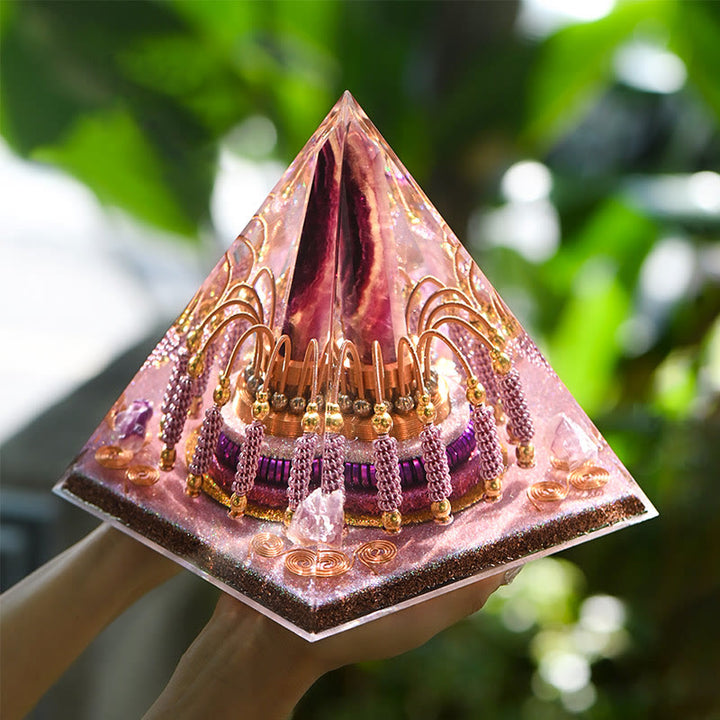 Tour d'énergie en fluorite arc-en-ciel Olivenorma Pyramide d'orgone en lépidolite