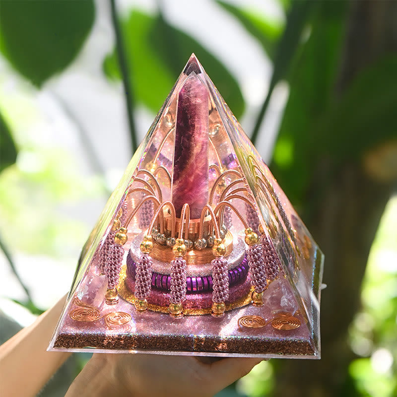 Tour d'énergie en fluorite arc-en-ciel Olivenorma Pyramide d'orgone en lépidolite