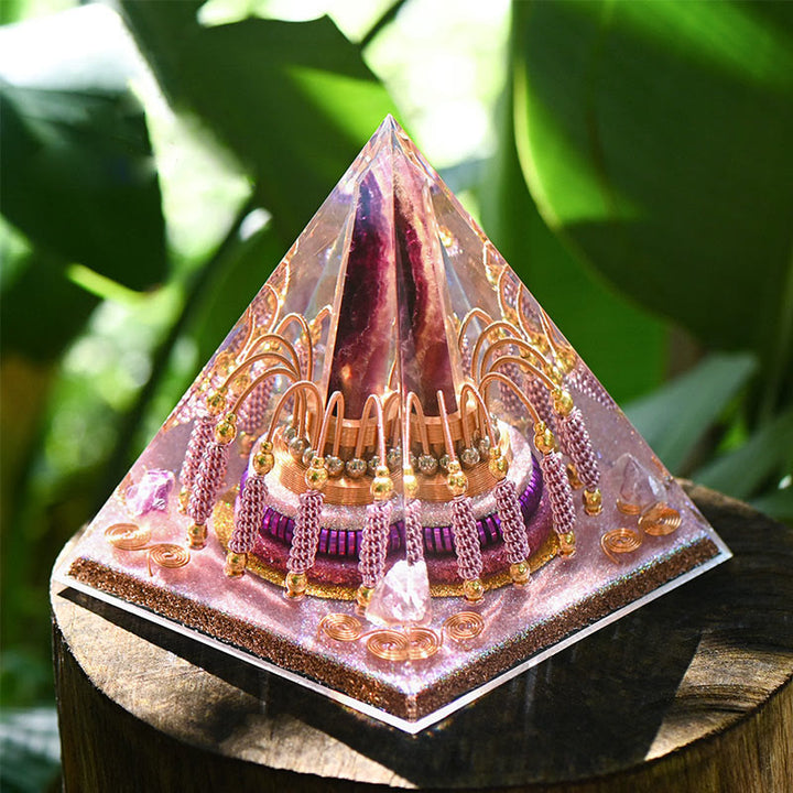 Tour d'énergie en fluorite arc-en-ciel Olivenorma Pyramide d'orgone en lépidolite